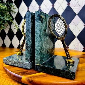 Luxury Marble Bookends with Brass Tennis Rackets Vintage Elegance